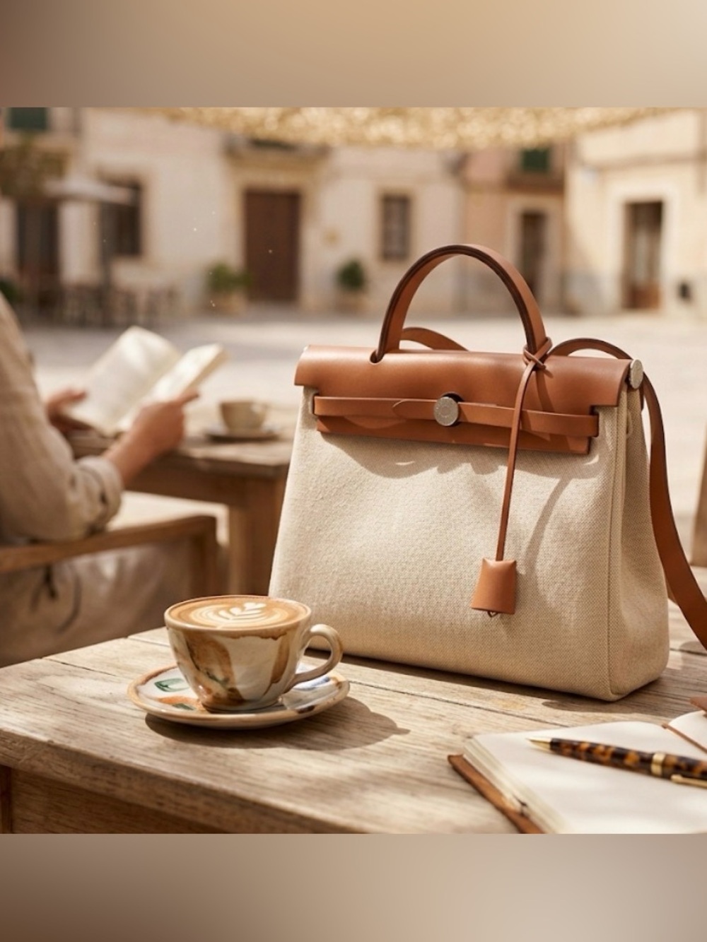Hermes Herbag PM 2-in-1 Shoulder Bag Black & Beige Toile Canvas TanHunter Leathe